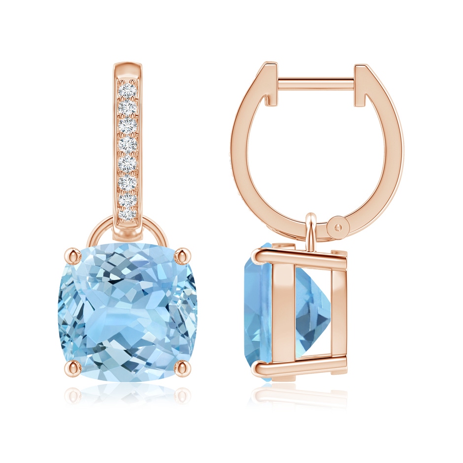 9mm AAAA Cushion Aquamarine Drop Earrings with Diamond Accents in Rose Gold 