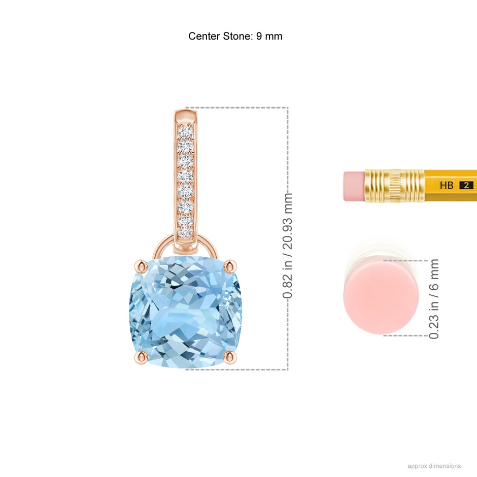 9mm AAAA Cushion Aquamarine Drop Earrings with Diamond Accents in Rose Gold ruler