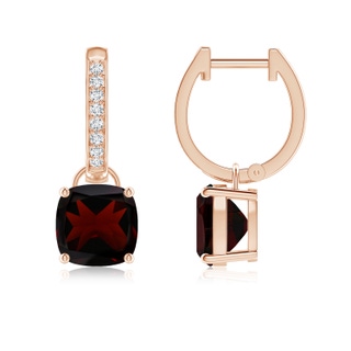 7mm A Cushion Garnet Drop Earrings with Diamond Accents in Rose Gold