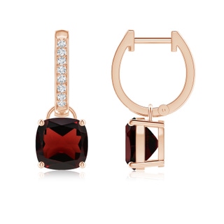 7mm AA Cushion Garnet Drop Earrings with Diamond Accents in Rose Gold