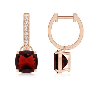 7mm AAA Cushion Garnet Drop Earrings with Diamond Accents in Rose Gold