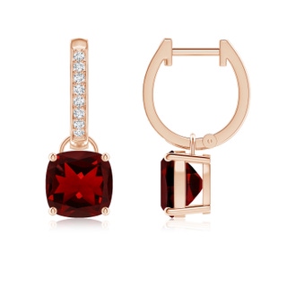7mm AAAA Cushion Garnet Drop Earrings with Diamond Accents in Rose Gold