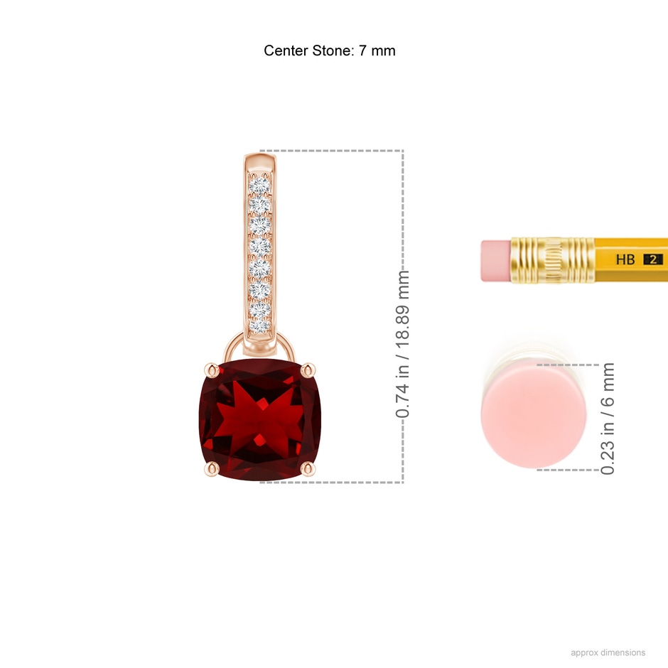 7mm AAAA Cushion Garnet Drop Earrings with Diamond Accents in Rose Gold ruler