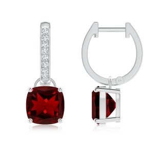 7mm AAAA Cushion Garnet Drop Earrings with Diamond Accents in White Gold