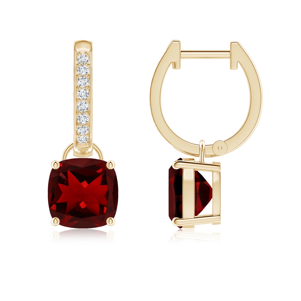 7mm AAAA Cushion Garnet Drop Earrings with Diamond Accents in Yellow Gold