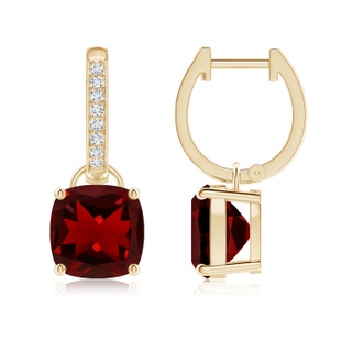 8mm AAAA Cushion Garnet Drop Earrings with Diamond Accents in Yellow Gold