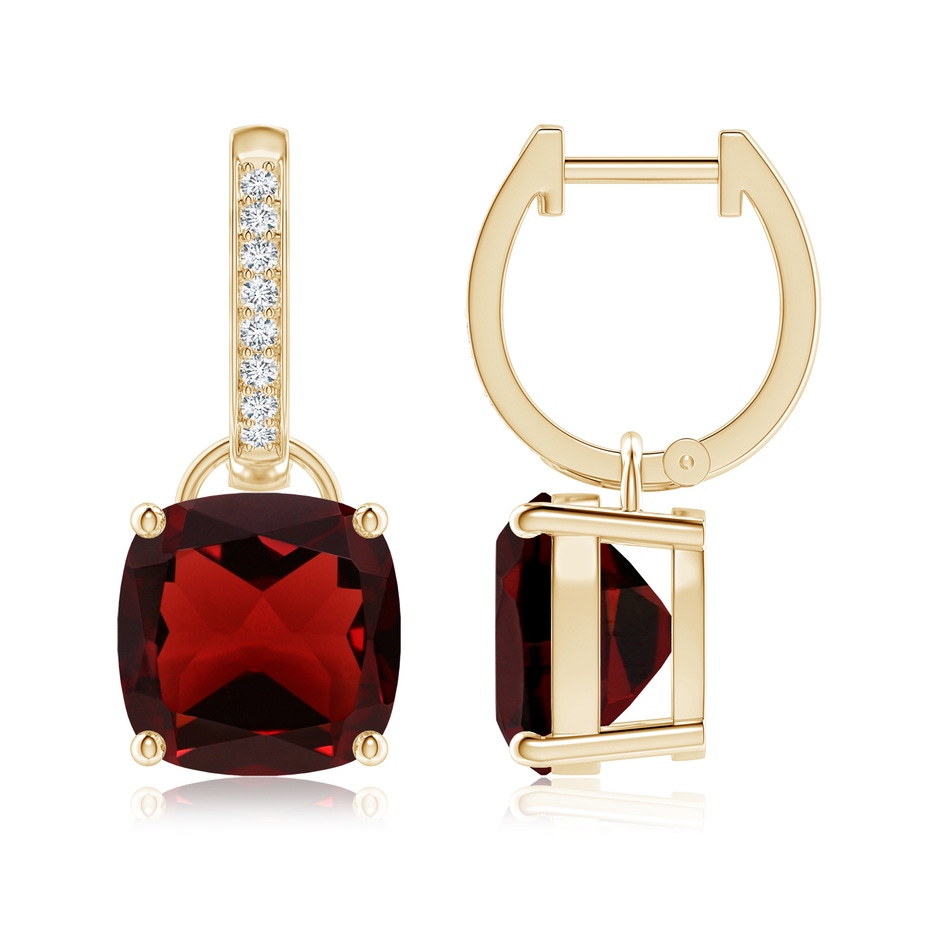 9mm AAA Cushion Garnet Drop Earrings with Diamond Accents in Yellow Gold 