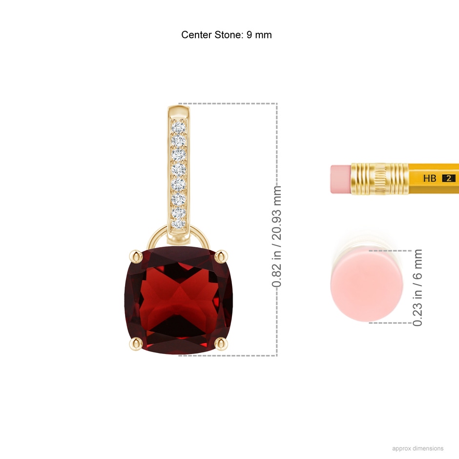 9mm AAA Cushion Garnet Drop Earrings with Diamond Accents in Yellow Gold ruler