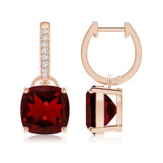 9mm AAAA Cushion Garnet Drop Earrings with Diamond Accents in Rose Gold