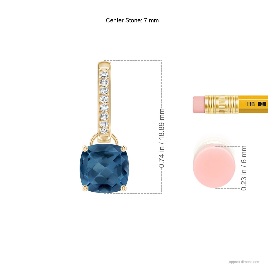 7mm A Cushion London Blue Topaz Drop Earrings with Diamond Accents in Yellow Gold ruler