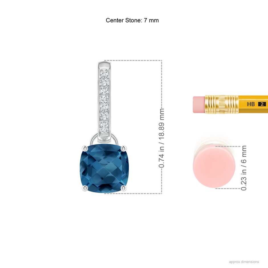 7mm AA Cushion London Blue Topaz Drop Earrings with Diamond Accents in P950 Platinum ruler