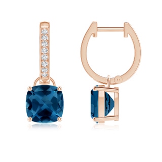 7mm AAA Cushion London Blue Topaz Drop Earrings with Diamond Accents in Rose Gold