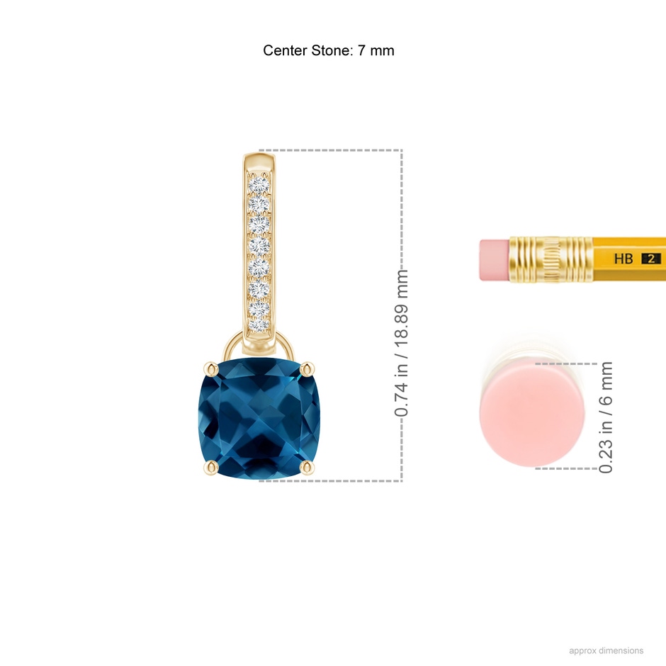 7mm AAA Cushion London Blue Topaz Drop Earrings with Diamond Accents in Yellow Gold ruler