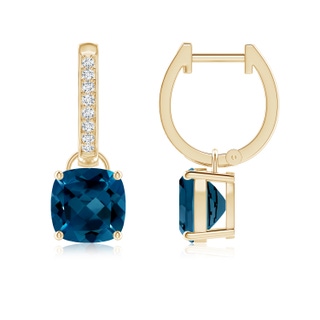 7mm AAAA Cushion London Blue Topaz Drop Earrings with Diamond Accents in 9K Yellow Gold