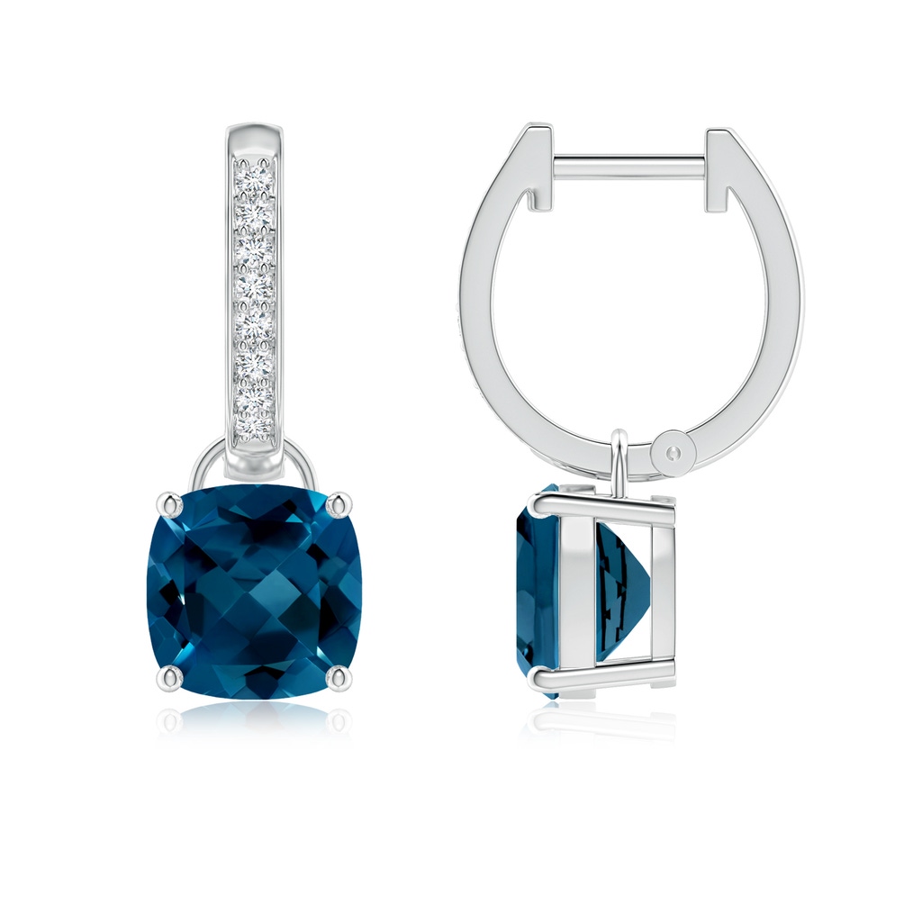 7mm AAAA Cushion London Blue Topaz Drop Earrings with Diamond Accents in P950 Platinum