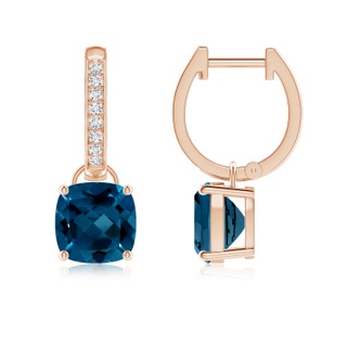 7mm AAAA Cushion London Blue Topaz Drop Earrings with Diamond Accents in Rose Gold
