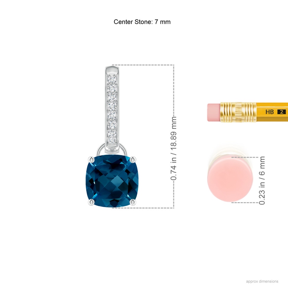 7mm AAAA Cushion London Blue Topaz Drop Earrings with Diamond Accents in White Gold ruler