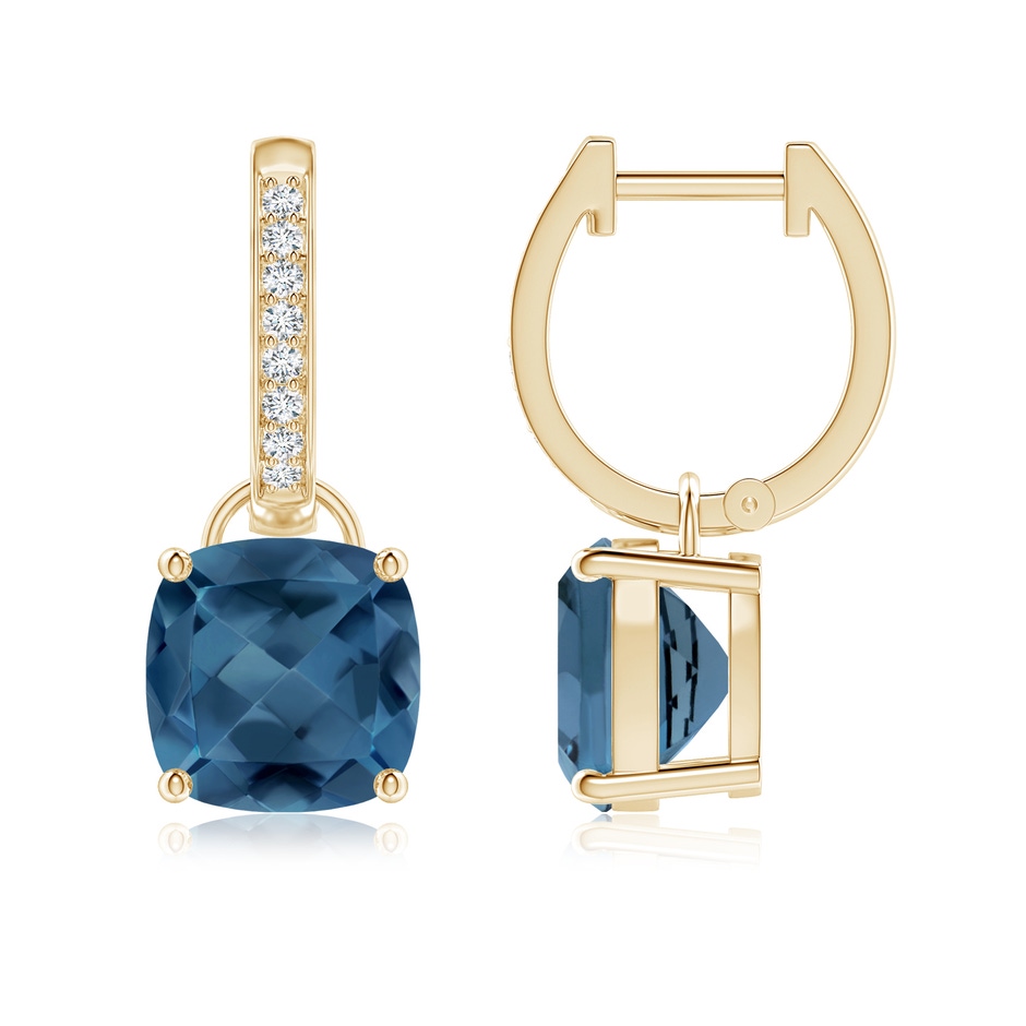 8mm A Cushion London Blue Topaz Drop Earrings with Diamond Accents in Yellow Gold 