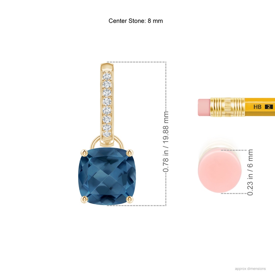 8mm A Cushion London Blue Topaz Drop Earrings with Diamond Accents in Yellow Gold ruler