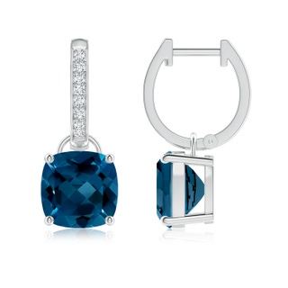 8mm AAAA Cushion London Blue Topaz Drop Earrings with Diamond Accents in P950 Platinum