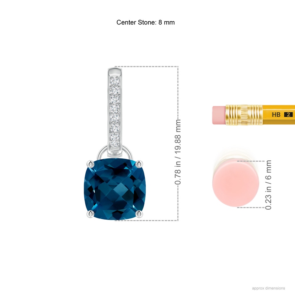 8mm AAAA Cushion London Blue Topaz Drop Earrings with Diamond Accents in P950 Platinum ruler