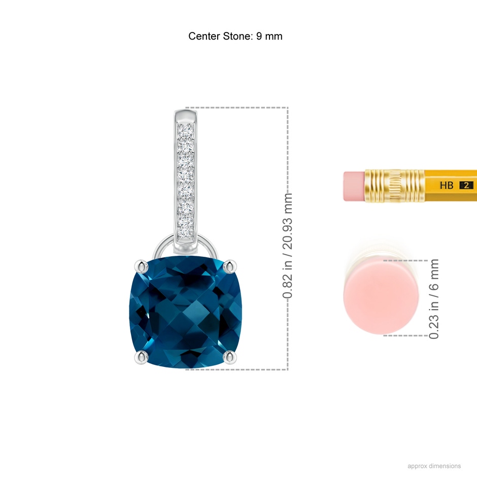 9mm AAAA Cushion London Blue Topaz Drop Earrings with Diamond Accents in P950 Platinum ruler
