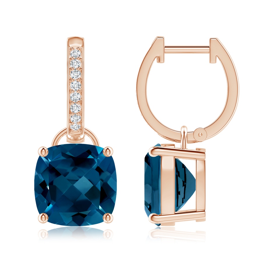 9mm AAAA Cushion London Blue Topaz Drop Earrings with Diamond Accents in Rose Gold 