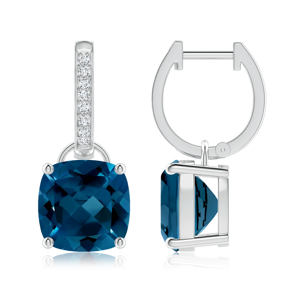 9mm AAAA Cushion London Blue Topaz Drop Earrings with Diamond Accents in White Gold