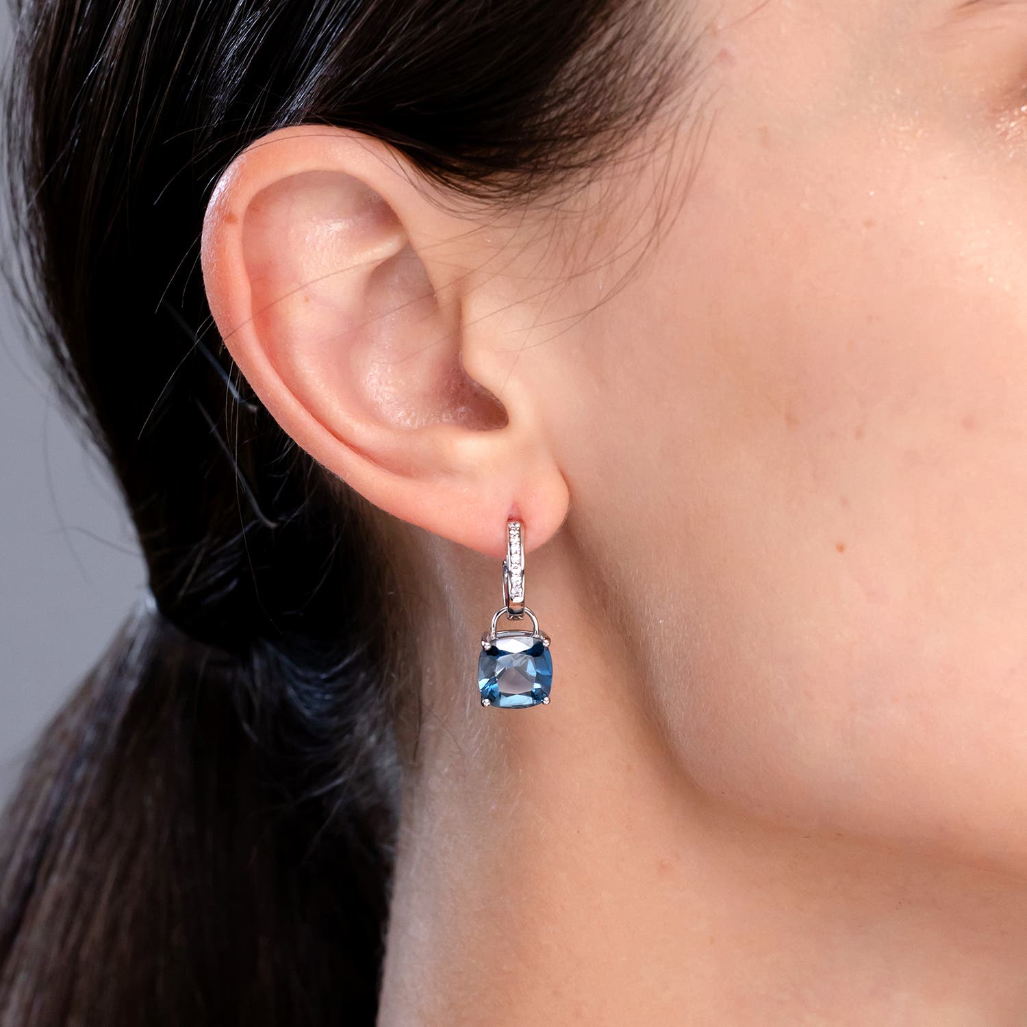 Cushion London Blue Topaz Drop Earrings with Diamond Accents