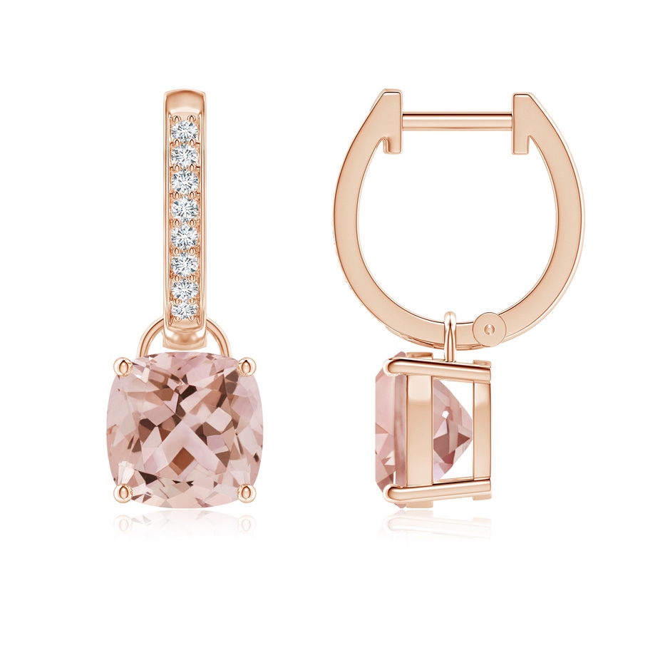 7mm AAA Cushion Morganite Drop Earrings with Diamond Accents in Rose Gold 