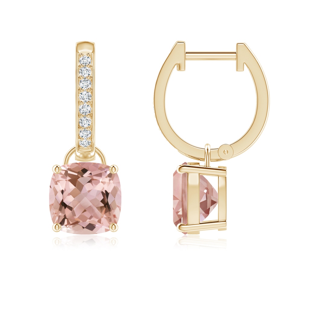 7mm AAAA Cushion Morganite Drop Earrings with Diamond Accents in Yellow Gold