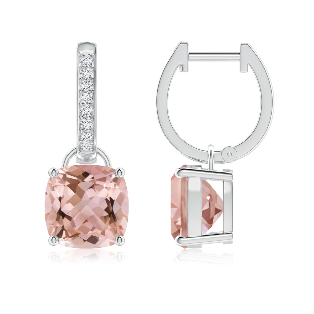 8mm AAAA Cushion Morganite Drop Earrings with Diamond Accents in White Gold