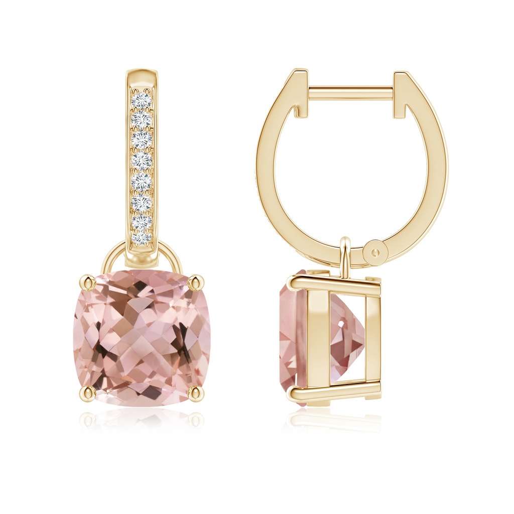 8mm AAAA Cushion Morganite Drop Earrings with Diamond Accents in Yellow Gold