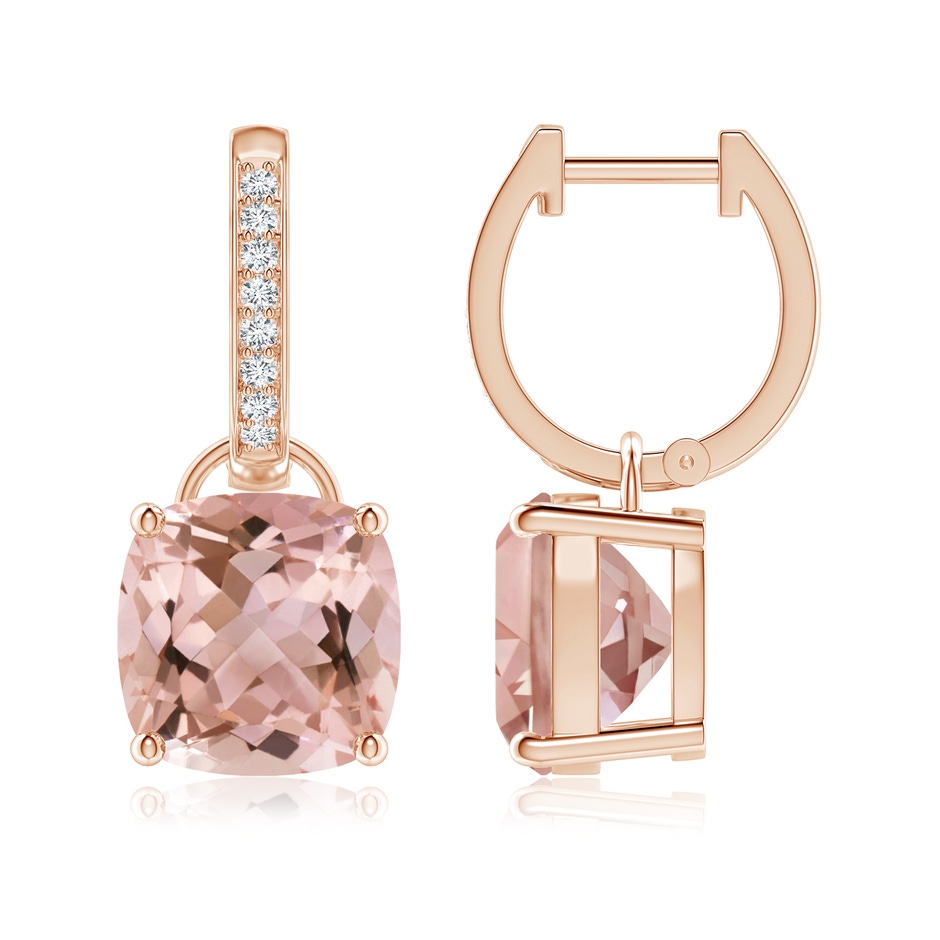 9mm AAAA Cushion Morganite Drop Earrings with Diamond Accents in Rose Gold 