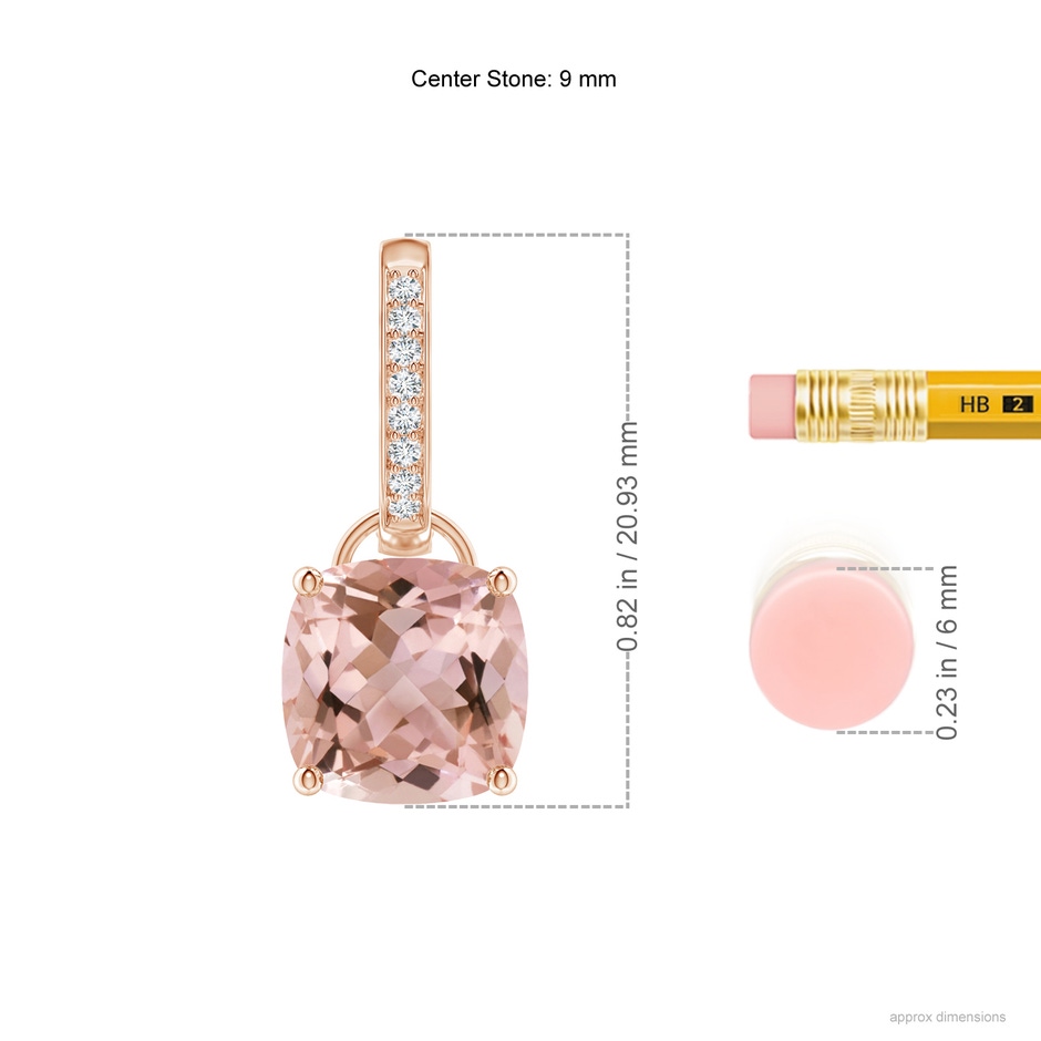 9mm AAAA Cushion Morganite Drop Earrings with Diamond Accents in Rose Gold ruler