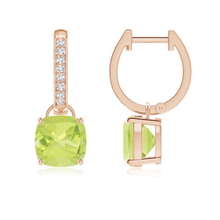 7mm A Cushion Peridot Drop Earrings with Diamond Accents in 9K Rose Gold