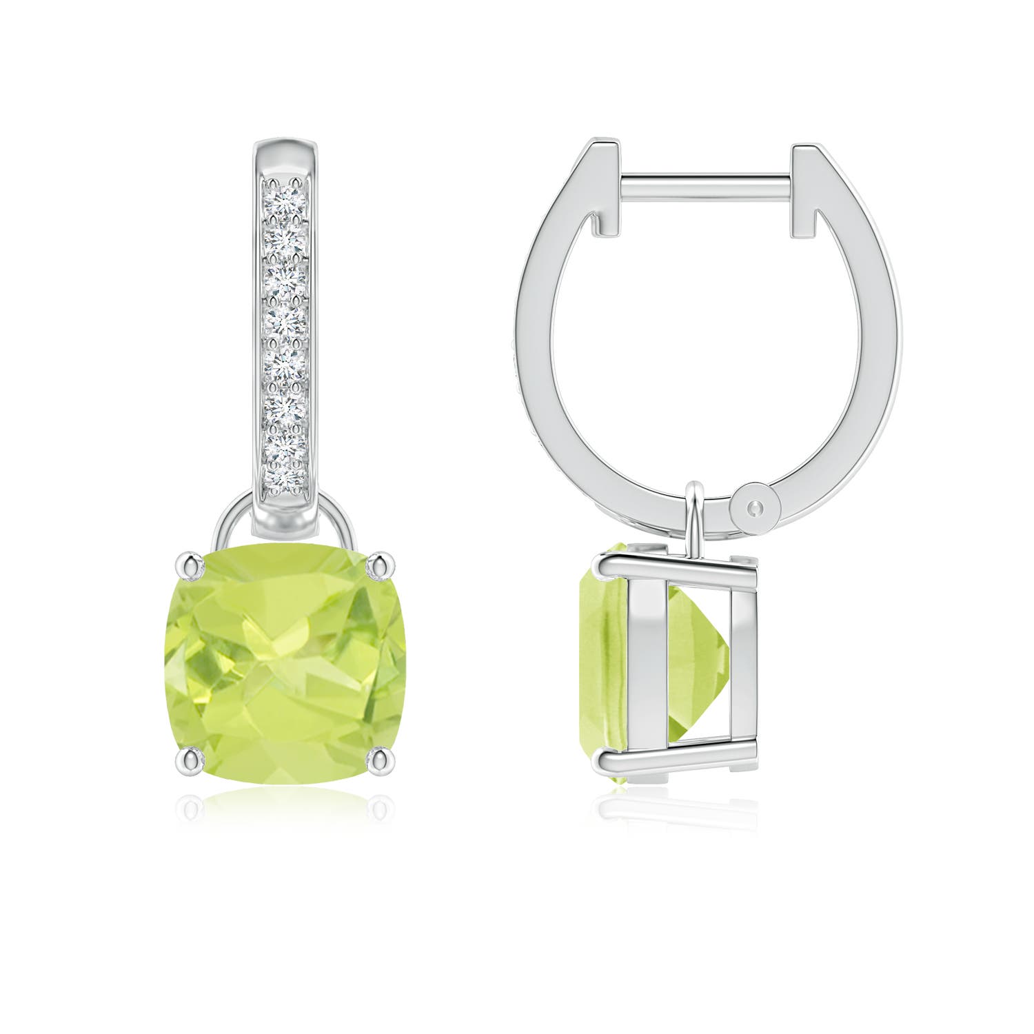 7mm A Cushion Peridot Drop Earrings with Diamond Accents in P950 Platinum