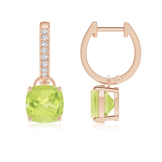 7mm A Cushion Peridot Drop Earrings with Diamond Accents in Rose Gold
