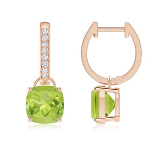 7mm AA Cushion Peridot Drop Earrings with Diamond Accents in 9K Rose Gold