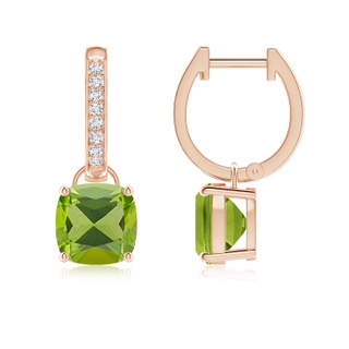 7mm AAA Cushion Peridot Drop Earrings with Diamond Accents in 9K Rose Gold