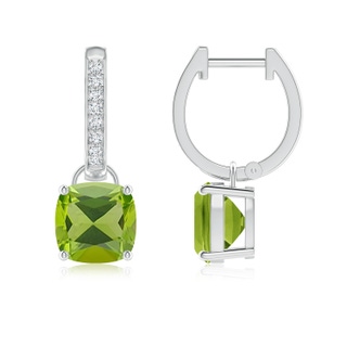 7mm AAA Cushion Peridot Drop Earrings with Diamond Accents in White Gold