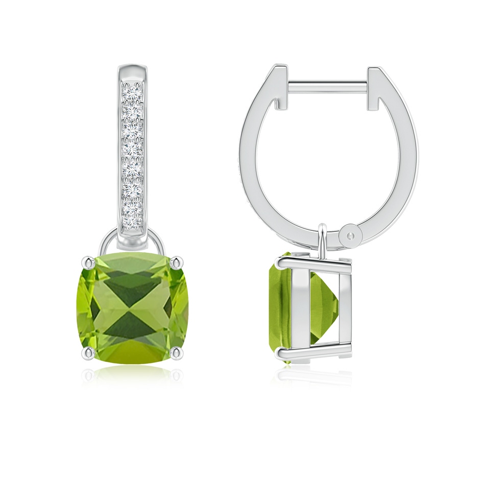 7mm AAA Cushion Peridot Drop Earrings with Diamond Accents in White Gold 