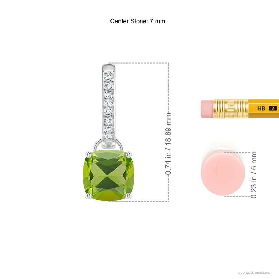 7mm AAA Cushion Peridot Drop Earrings with Diamond Accents in White Gold ruler