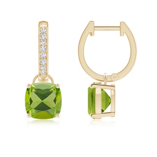 7mm AAA Cushion Peridot Drop Earrings with Diamond Accents in Yellow Gold