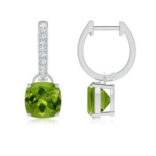 7mm AAAA Cushion Peridot Drop Earrings with Diamond Accents in 9K White Gold