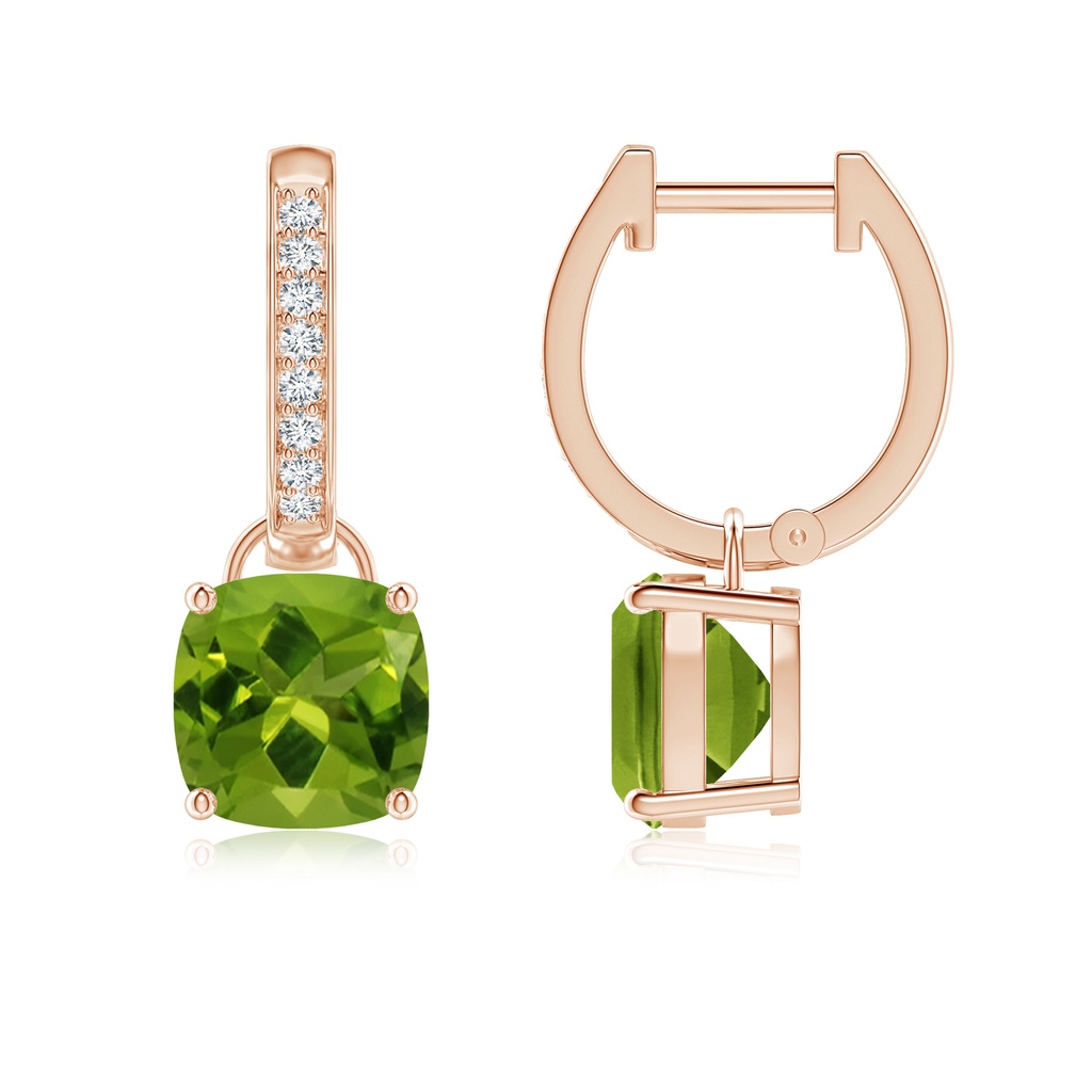 7mm AAAA Cushion Peridot Drop Earrings with Diamond Accents in Rose Gold
