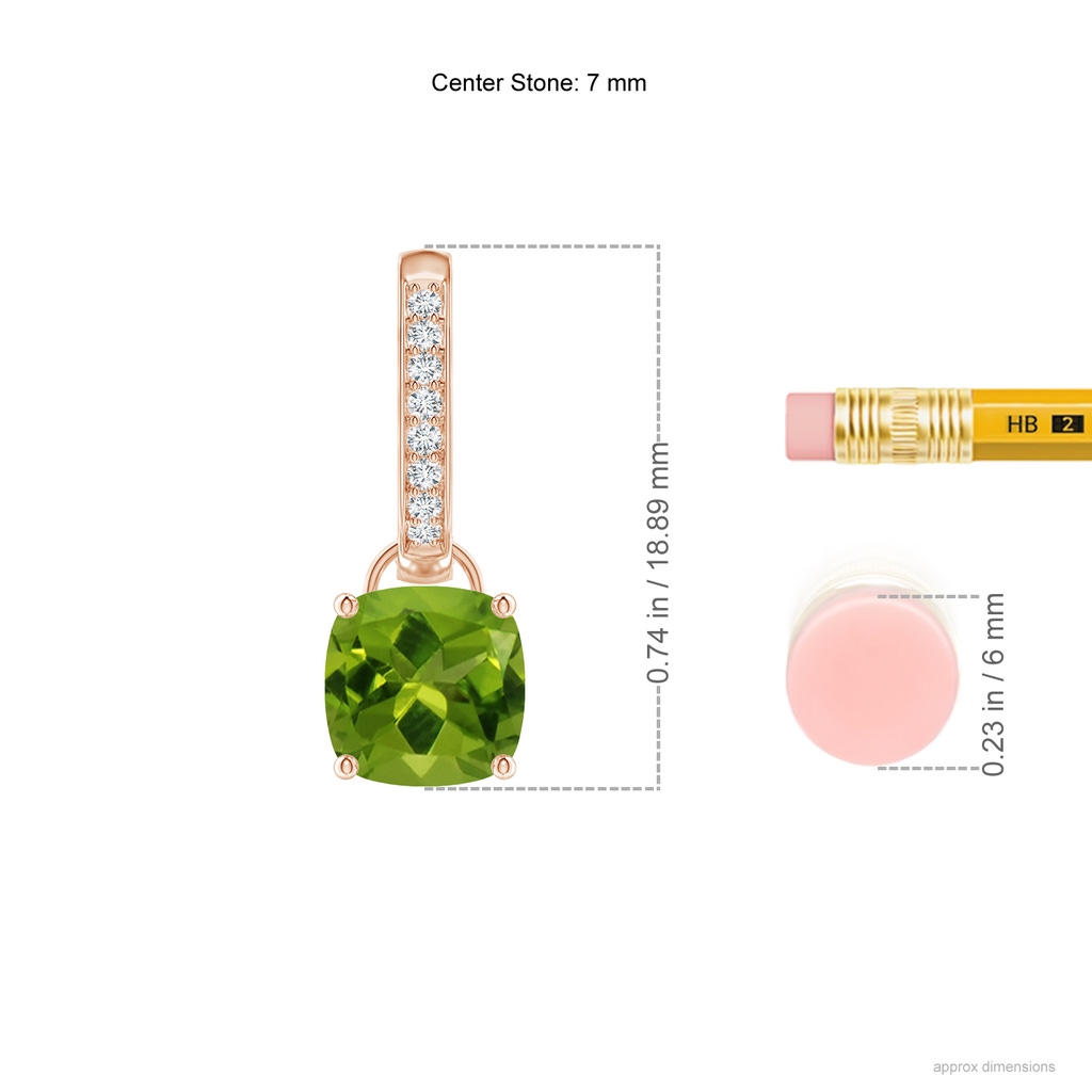 7mm AAAA Cushion Peridot Drop Earrings with Diamond Accents in Rose Gold Ruler