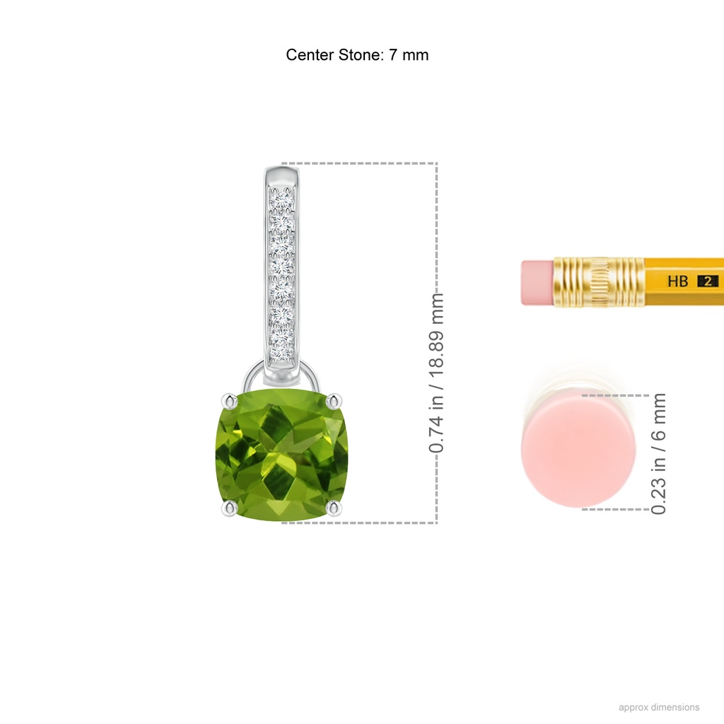 7mm AAAA Cushion Peridot Drop Earrings with Diamond Accents in White Gold Ruler