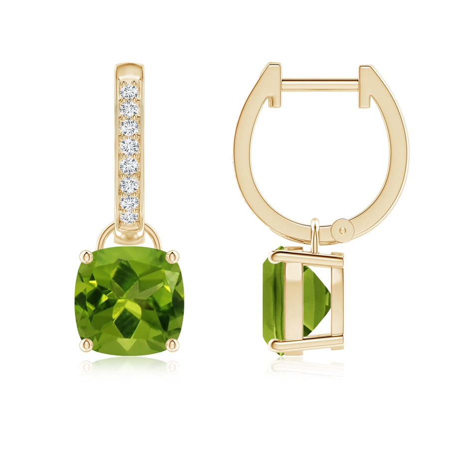 7mm AAAA Cushion Peridot Drop Earrings with Diamond Accents in Yellow Gold 