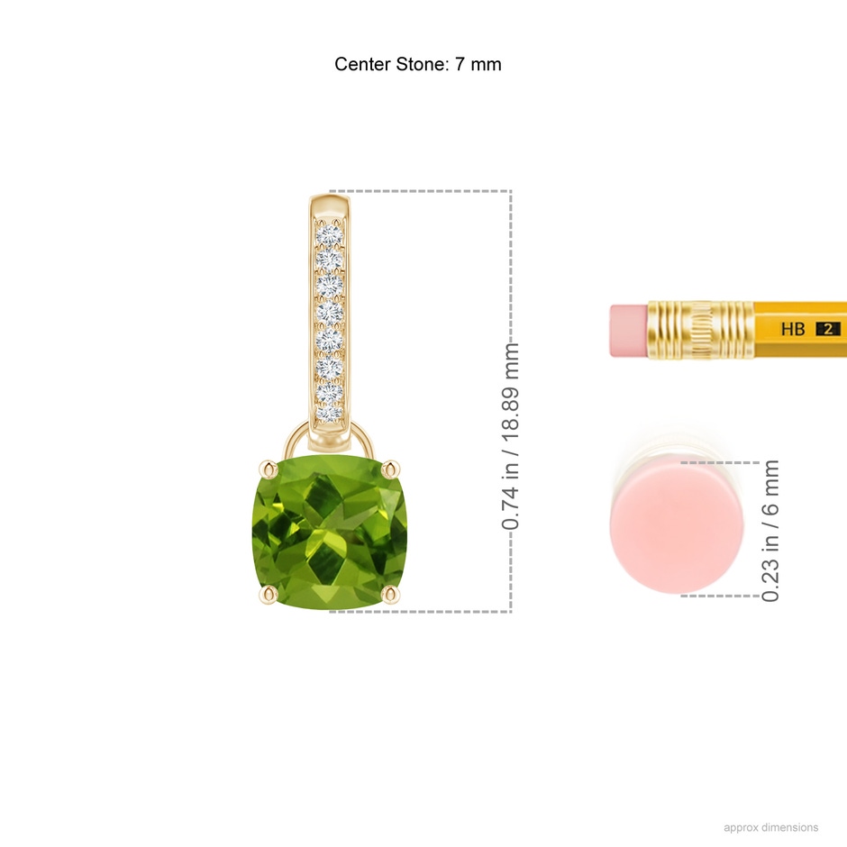 7mm AAAA Cushion Peridot Drop Earrings with Diamond Accents in Yellow Gold ruler